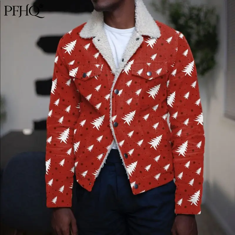 

PFHQ 2021 Fashion Men's Fall/winter New Style European American Lapel Printed Single Breasted Loose Casual Plush Jacket 21A1296