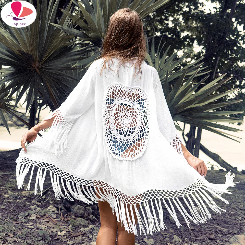 

Bohemian Fringe Beach Cover-Up White Bikini Long Cardigan Crochet Hollow Out Sexy Kimono Swimwear Holiday Outing New