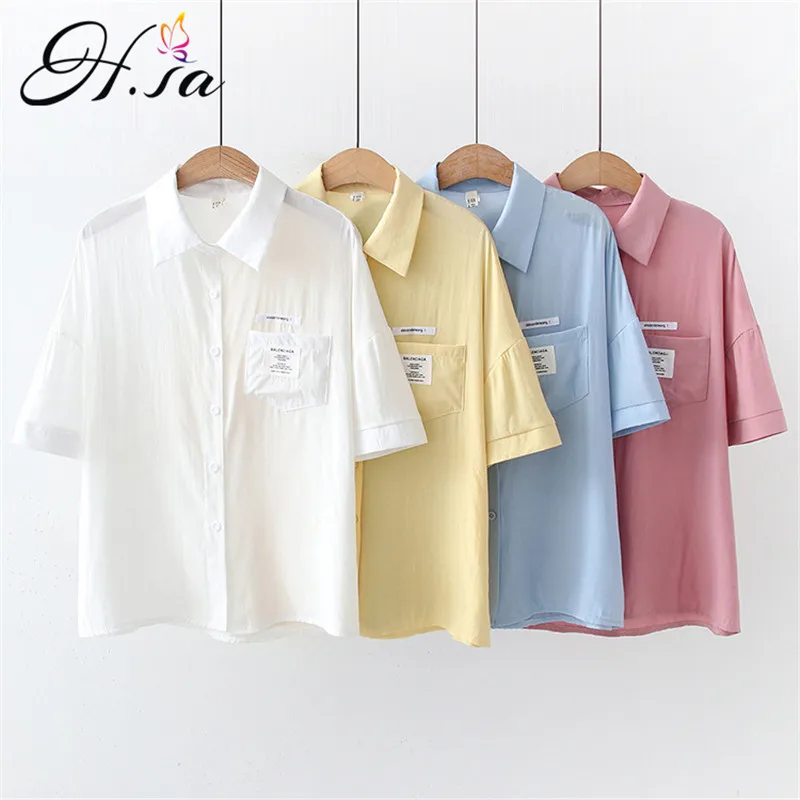 

Hsa Women Summer Blouse Tops Office Lady Work Chiffon Button 2021 Summer Short Sleeve Yellow Red Female Blouse Pocket blouses