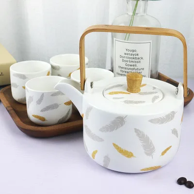 

European style simple ceramic cup feather ceramic household flower tea cup with pot four cups with wooden tray