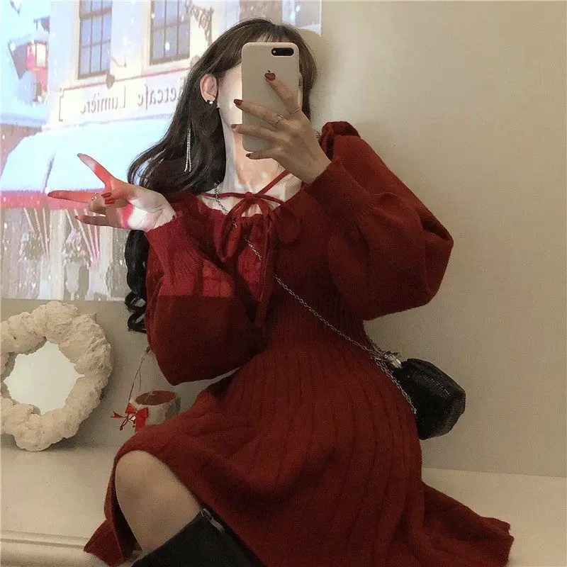 

One Piece Japanese Style Korean Party Dress Kawaii Winter Women Sweet Knitted Dress Vintage Lolita Sweater Knit Dress 2021 New