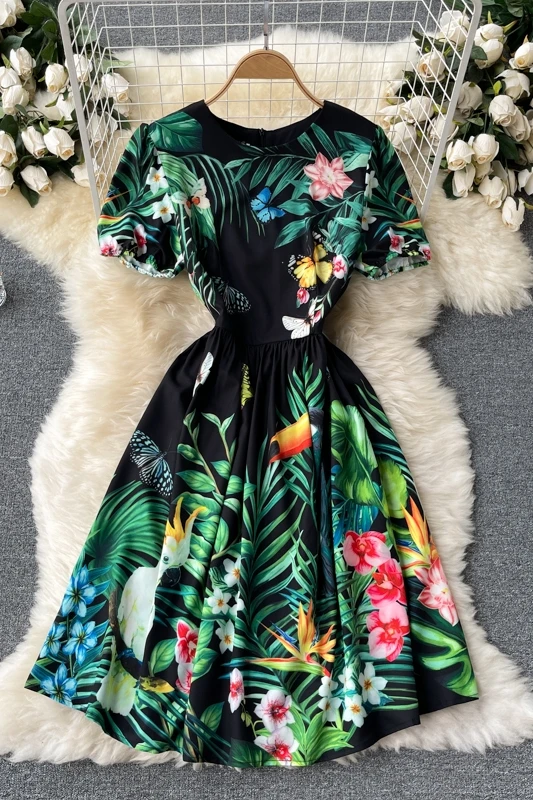 

Noble and elegant temperament women's 2021 new trendy fashion printing round neck slim ladies holiday dress female summer