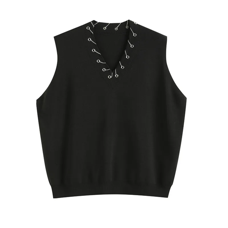 

IEQJ Korea Chic Casual Fashion V-neck Sleeveless Pullover Solid Color All-match Knitted Loose Vest Women Summer 2021 3C0016