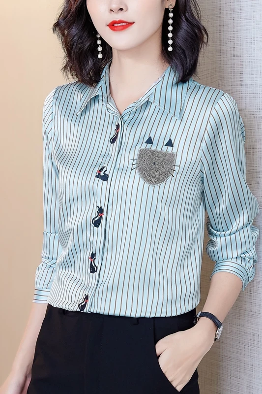 

COIGARSAM Full Sleeve Shirt Womens tops New Spring Striped Embroidery Women shirts Blue Stripe 2113