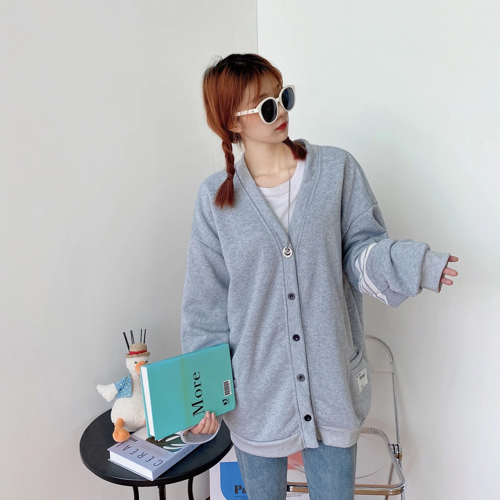 Harajuku Hoodies Women with Buttons V Collar Stripe Sweatshirt Warm Fresh Sweetshirt for Girls Loose Students Korean Style Chic