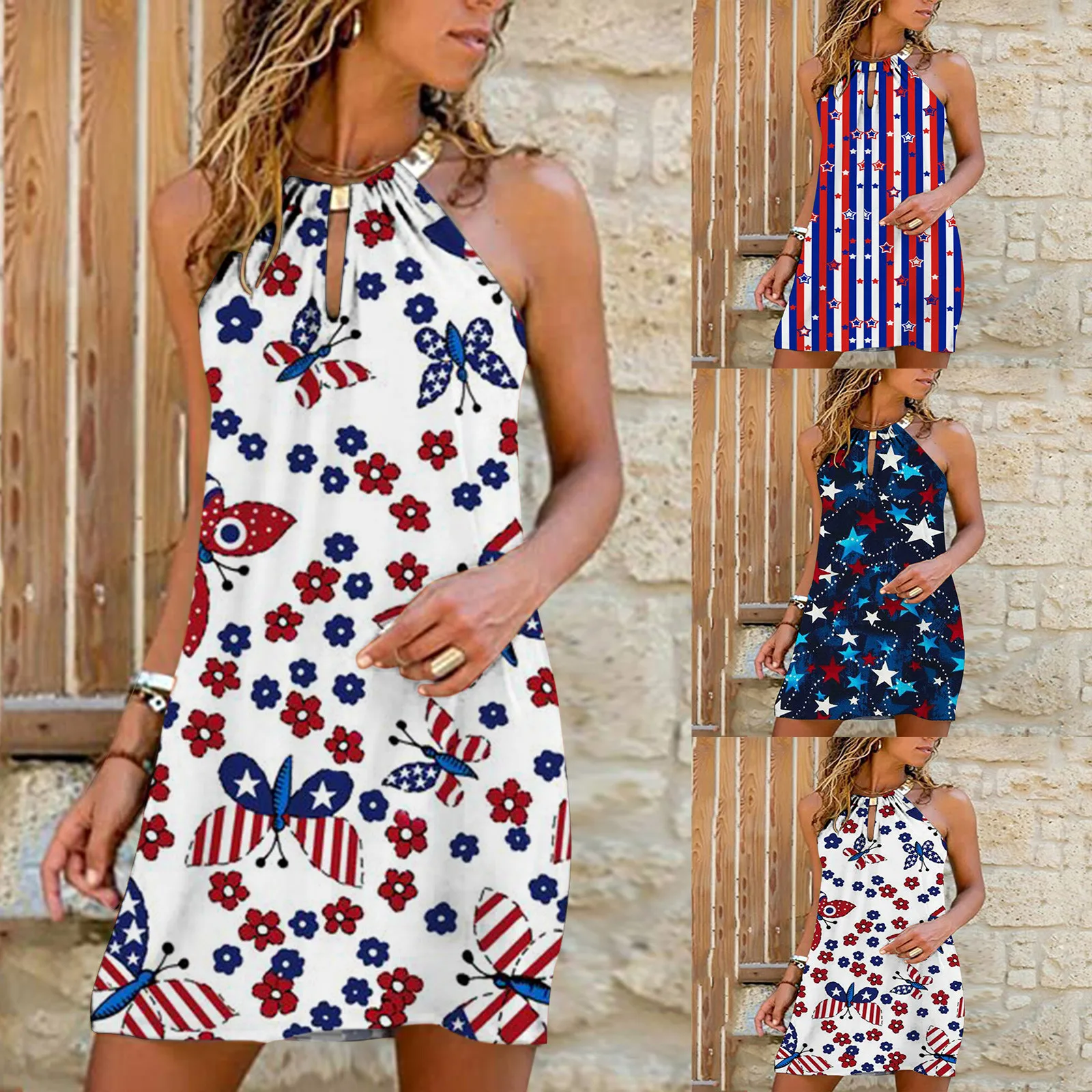 

Summer Harajuku Halter Sleeveless Printed Dresses 2021 Women Casual Sexy Hollow Out Off Shoulder Beach A-line Mini Dress Robe