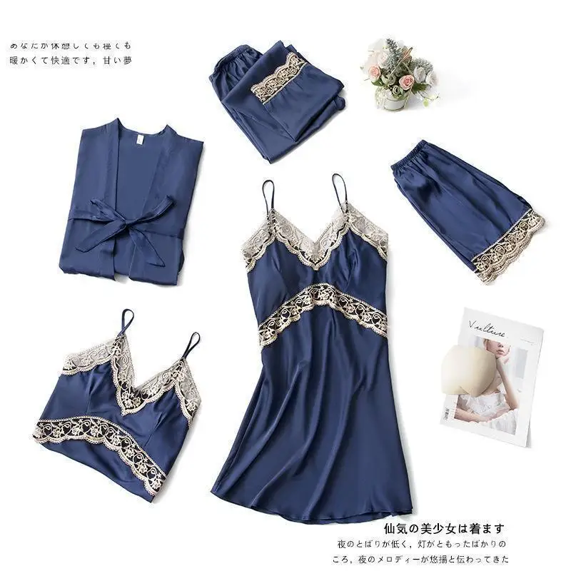 

Lace Patchwork Pajamas Set Satin 5PCS Sleepwear Sexy Women Kimono Bathrobe Gown Spring Autumn New Sleep Set Silky Homewear