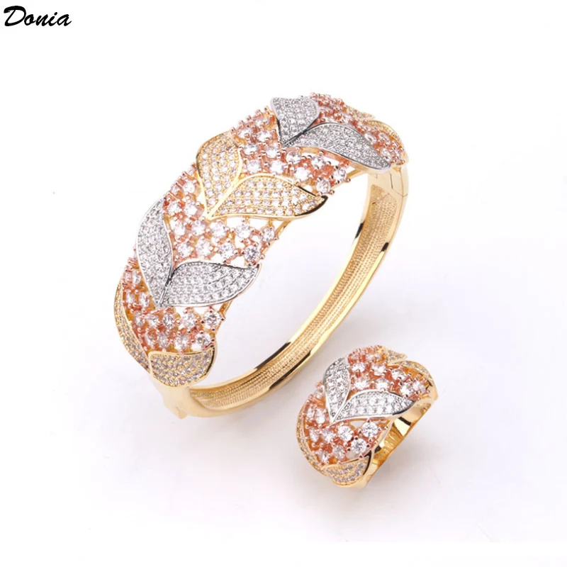 

Donia Jewelry New fashion flower bracelet stereo hollow leaves bracelet ring inlaid AAA zircon plated tri-color jewelry set