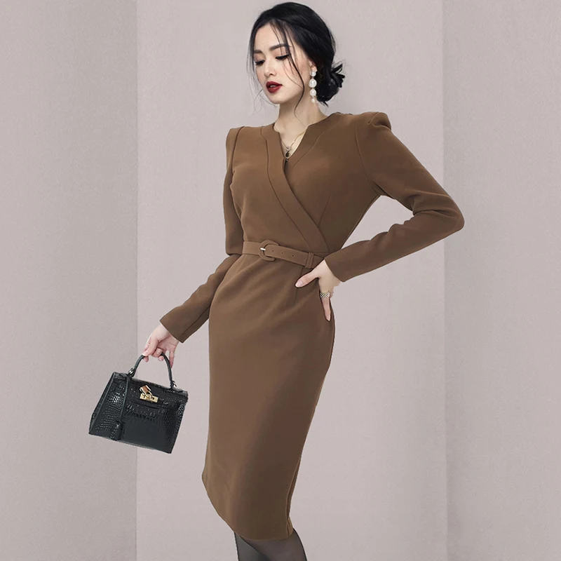 

office tight Dresses one piece korean ladies autumn winter long SLeeve V neck Sexy cabaret formal bodycon Dresses for women