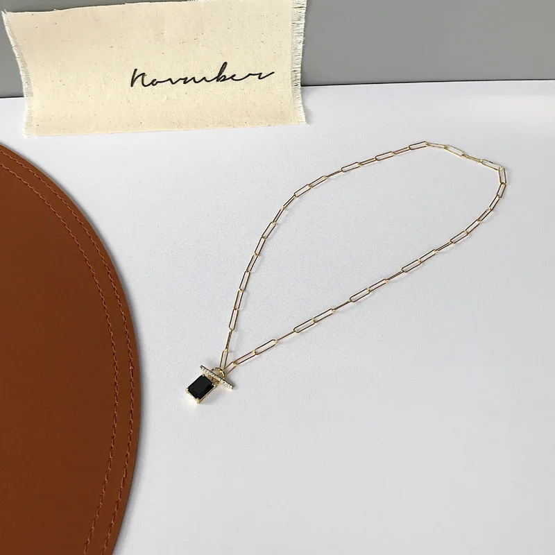 

Lispector 925 Sterling Silver Korean Black Zircon Square Pendant Necklace for Women Minimalist Chain Necklaces Female Jewelry