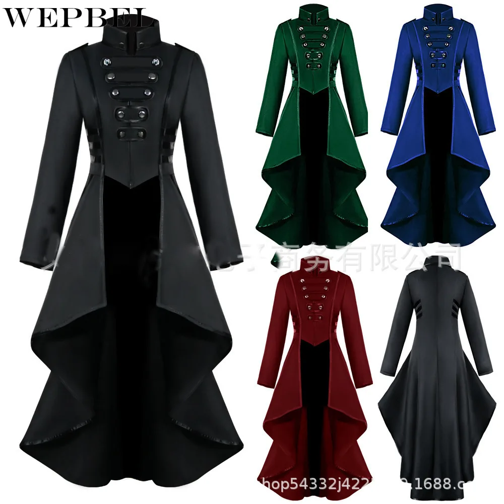

WEPBEL Coat Women's Solid Color Double Breasted Splicing Coat Autumn Vintage Long Sleeve Stand Collar Slim Irregular Coat