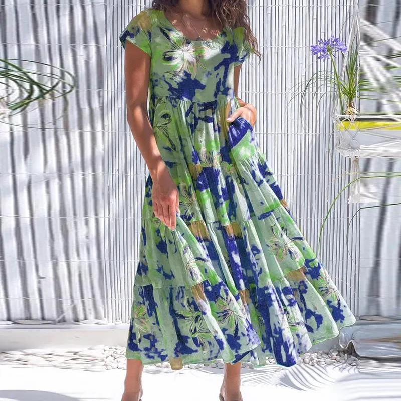 

2021 Summer Floral Print Vintage Long Party Dress Women Casual O Neck Short Sleeve Maxi Dress Elegant Pocket Loose A-Line Dress