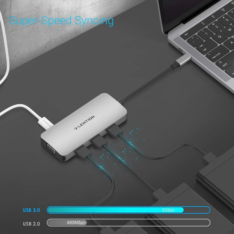 

LENTION CB-CE55 USB C Hub with 4K HDMI-Compatible VGA SD/Micro-SD Card Reader 3 USB 3.0 Type C Charging Adapter for PC Laptop