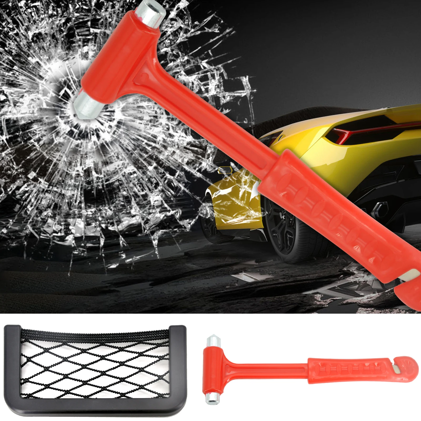 

Emergency Escape Tool Car Self-Help Safety Hammer with Paste Net Storage Bag Fire Knock Window Breaker Rescue Seat Belt Cutter