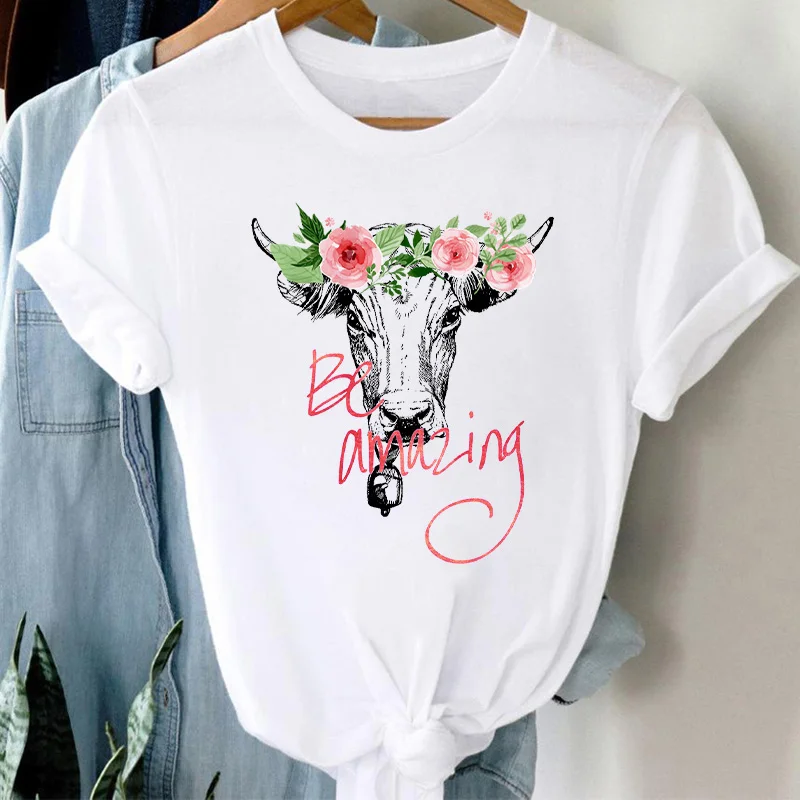 

Summer T-shirt 2021 Wild Cartoon Cow Graphic t shirt Harajuku Top Female Tees Casual Short Sleeve Tshirt Ladies Plus Size 3XL