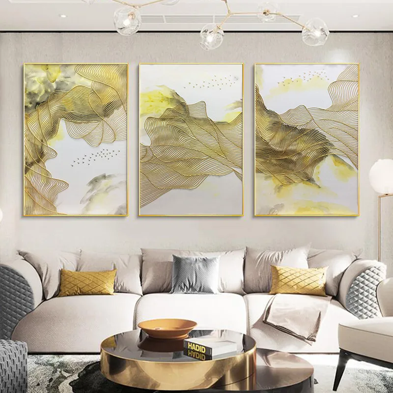 Goedkoop 3 Stuks Gold Lijn Abstract Canvas Schilderij Mountain Landschap Wall Art Foto Voor Woonkamer Thuis Wall Decor Originele Textuur