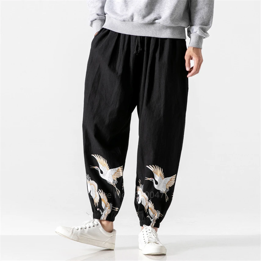 Брюки мужские в японском стиле с рисунком Журавля свободные длинные брюки