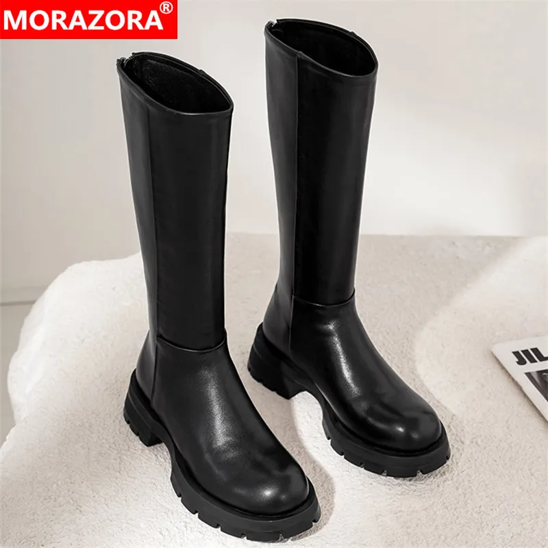 

Женские сапоги на низком каблуке MORAZORA, черные сапоги до колена из натуральной и искусственной кожи, на молнии, с круглым носком, осень 2022