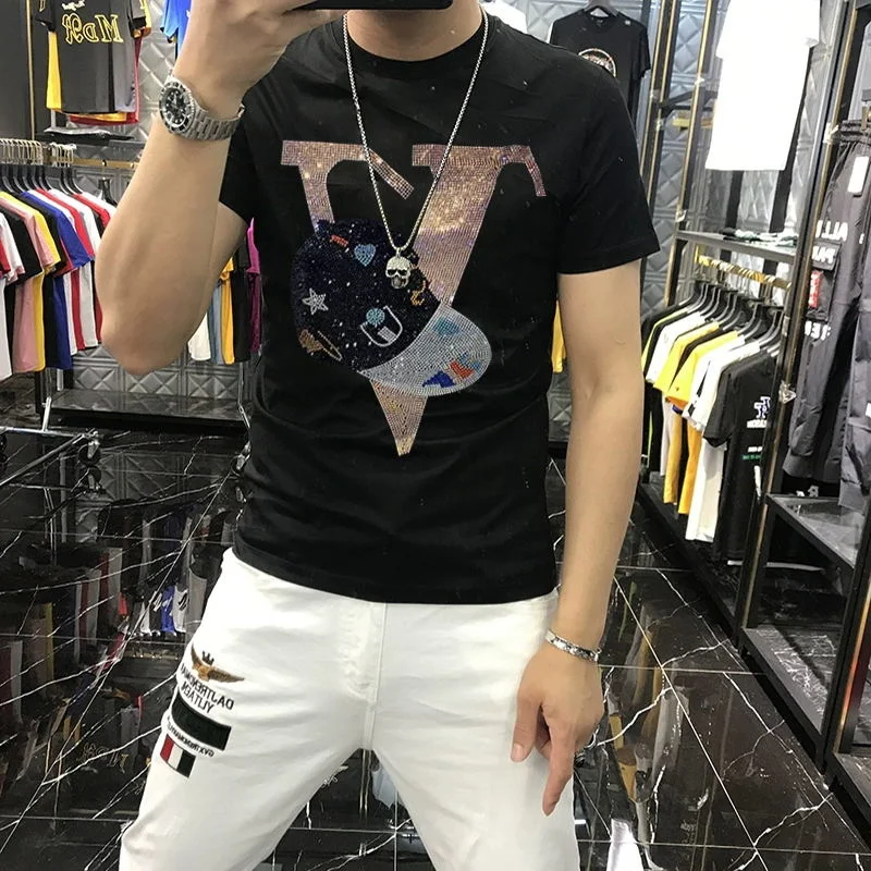 

New Arrival Letter Rhinestone T-Shirt Men's Brand Short Sleeve Fashion Apparel O-Neck Slim Modal Cotton and Size 5XL