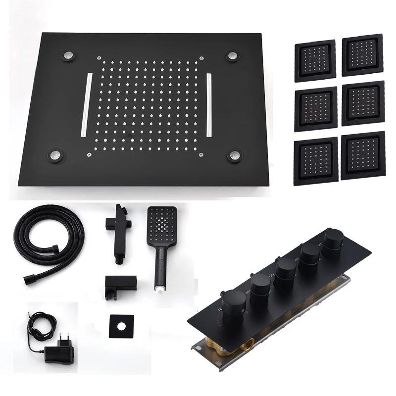 

Modern Black Shower Set Concealed Rain Waterfall Shower head LED Bathroom shower Kit Thermostatic 4 Ways Mixer Body Jets Massage