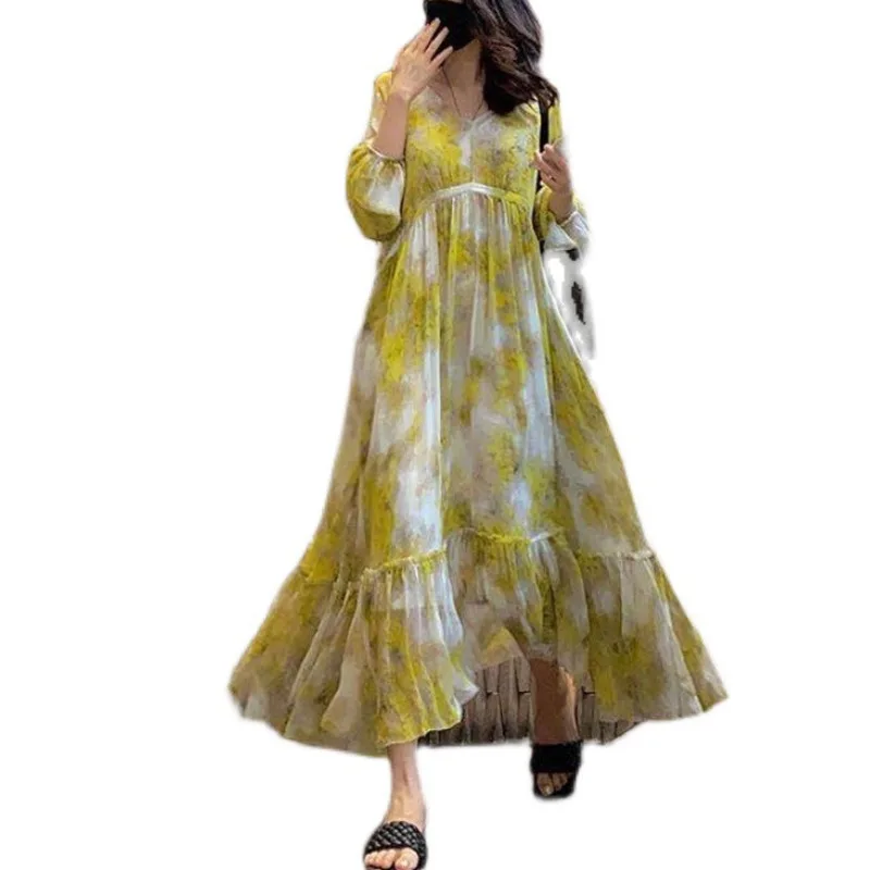 

DEAT Women Yellow Patchwork Printing Folds High Waist Dress New V-Neck Long Sleeve Loose Fashion Summer Autumn 2021 7E1174