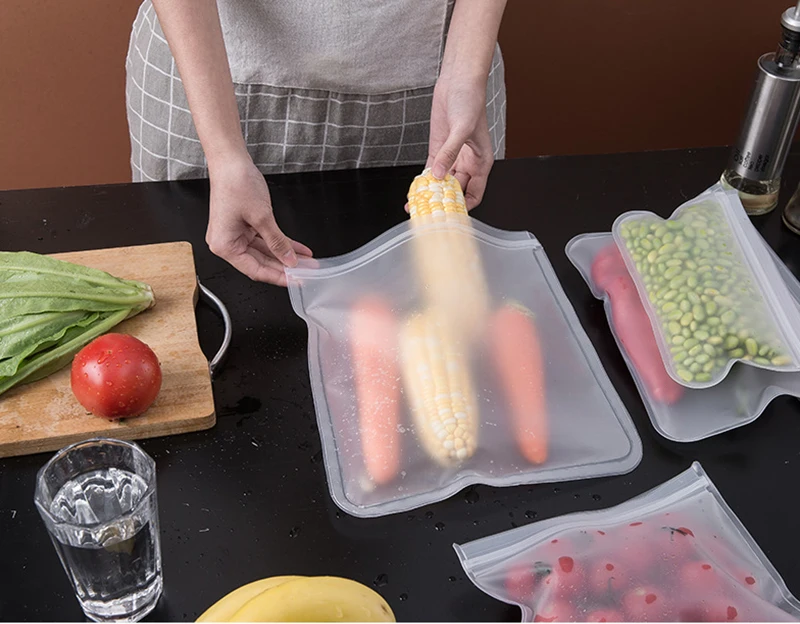 

Silicone Food Storage Bag Reusable Freezer Bag Containers Leakproof Stand Up Zip Shut Bag Fresh-keeping Bag Kitchen Organizer