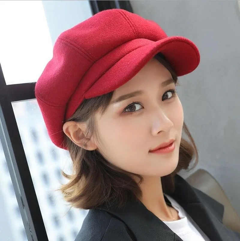 

Women Wool Beret Cap Hats Solid Autumn Winter Octagonal Cap Stylish Artist Painter Newsboy Warm Female Fashions Beret Hat Cap