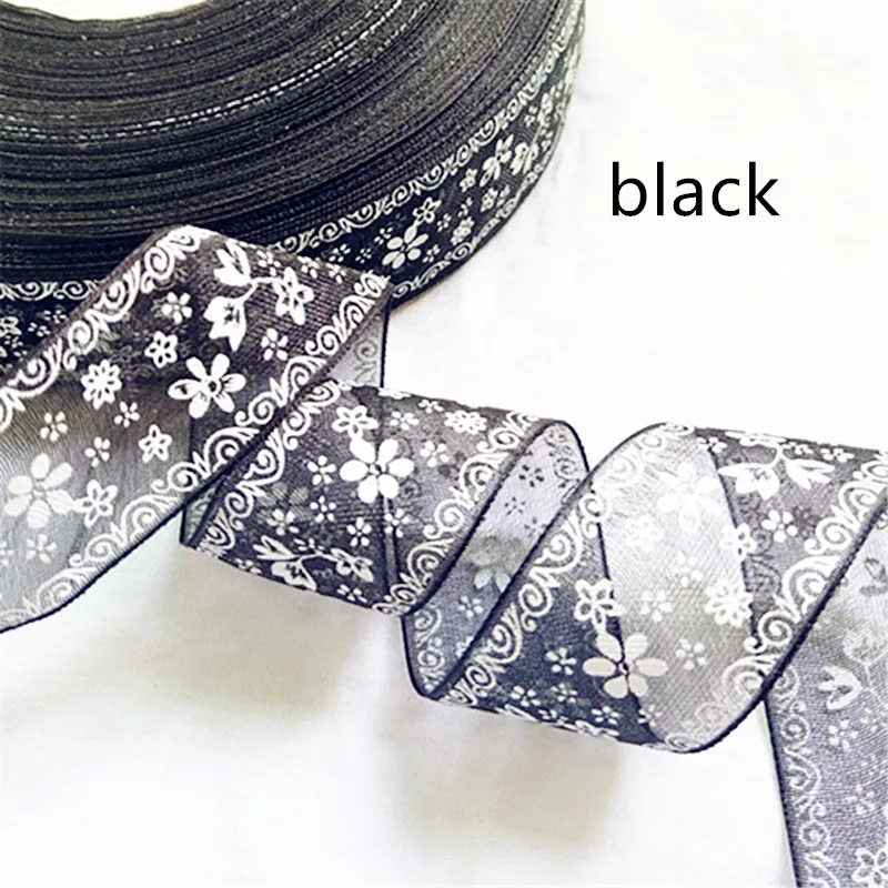 BLACK Suoja 5/20 метров/упаковка 25 мм печатные цветочные ленты из органзы Ткань DIY банты для волос подарочная упаковка свадебное украшение для вечеринки; Рождество - Цвет: BLACK