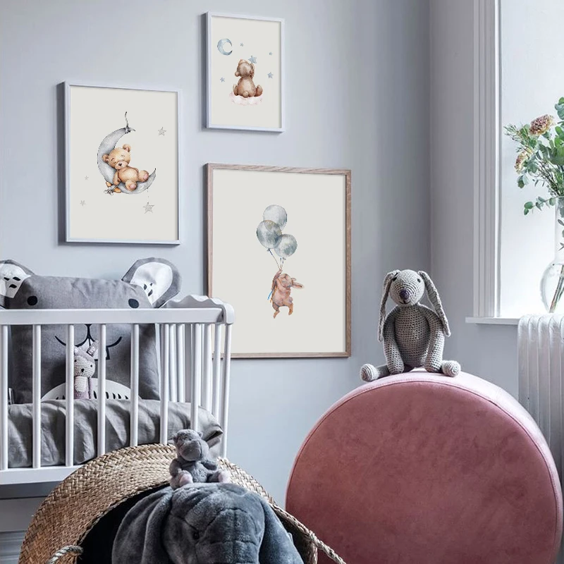 Детский постер детский настенный художественный принт с медведем Кроликом