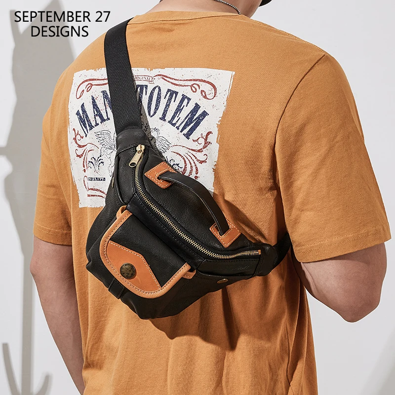 

New Fashion Small Chest Bag Men Satchels Genuine Leather Luxury Male Vintage Messenger Crossbody Cell Phone Pack 100% Cowhide