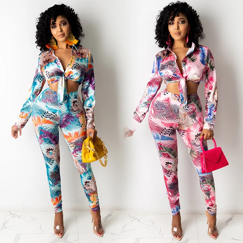 

Sexy Navel Bare 2-Piece Set New 2021 Plus Size Women's Lapel Long Sleeve Top And Pants With Digital Print Fashion Youth Suit