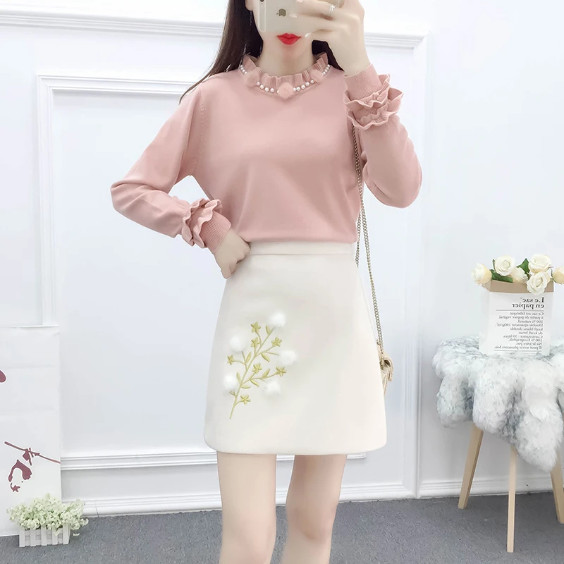 

new winter college suit mink fur splicing pullover sweater embroidery tweed cloth skirts two-piece outfit set clothing