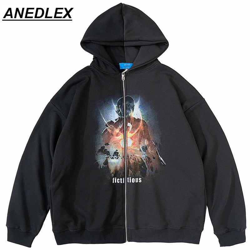 

2021 Men Hip Hop Patchwork Hooded Jacket Streetwear Monster Print Jacket Coat Women Autumn Harajuku Cotton Loose Coat Zipper