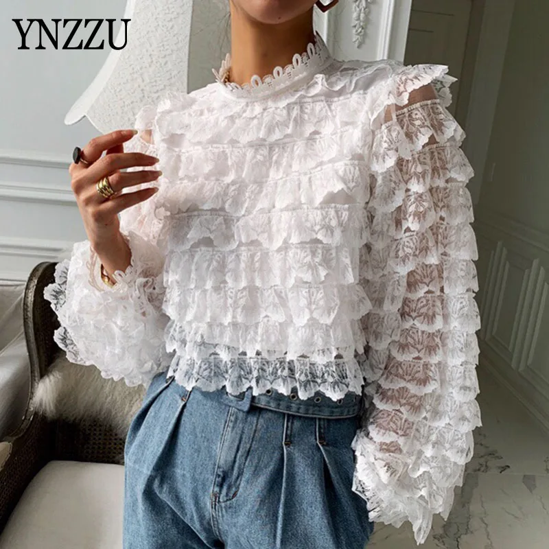 

Корейский стиль, белые кружевные топы для женщин, лето 2021, Сексуальная рубашка с длинным рукавом и оборками, женские блузы с воротником-стой...