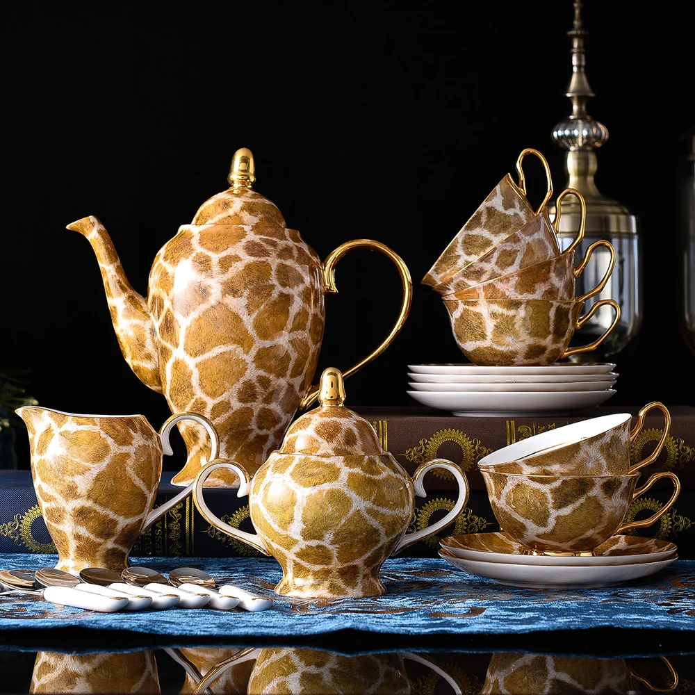 

Personality Originality Style Ceramic Gold Line Fine Bone China Coffee Pot Cup and Saucer Tea Set 15pcs High-Grade Deer Pattern