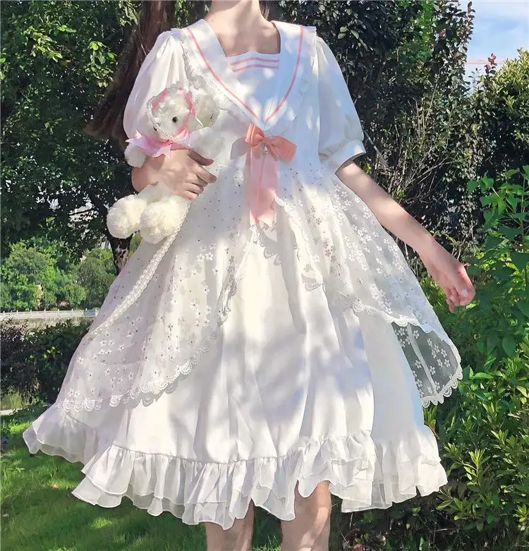 

MAGOGO Bow White Lolita Dress Women Lace Maid Costume Sweet Dress Cute Loose Soft Sisters Female Mid Dress
