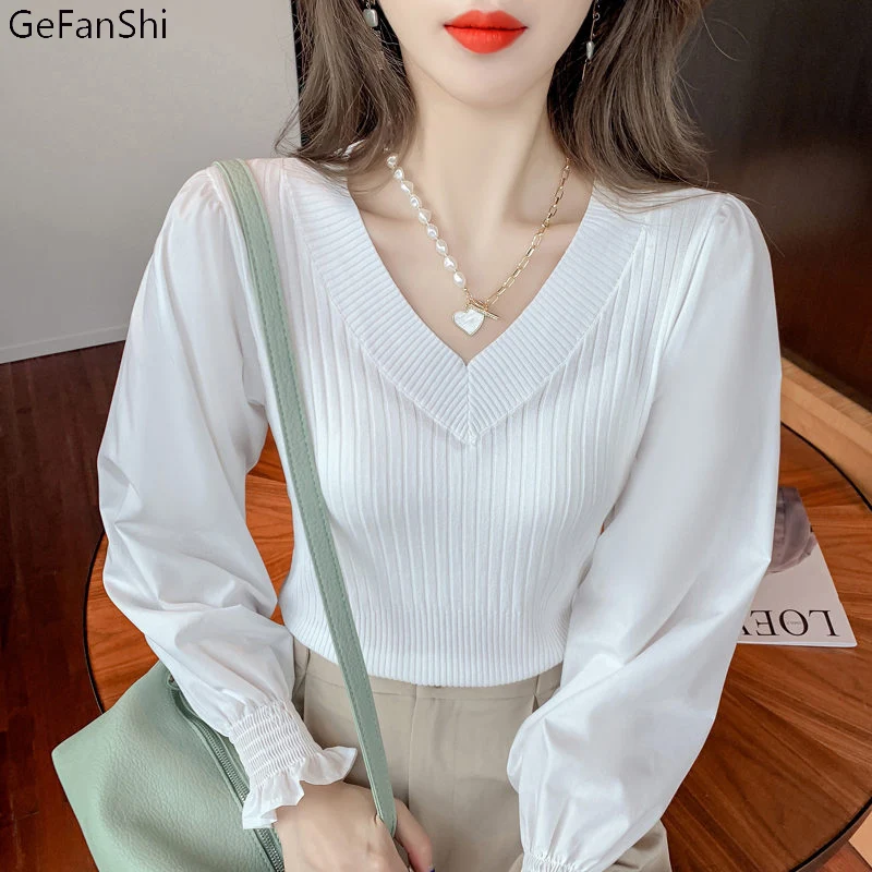 

Женский трикотажный шифоновый свитер с V-образным вырезом и длинным рукавом