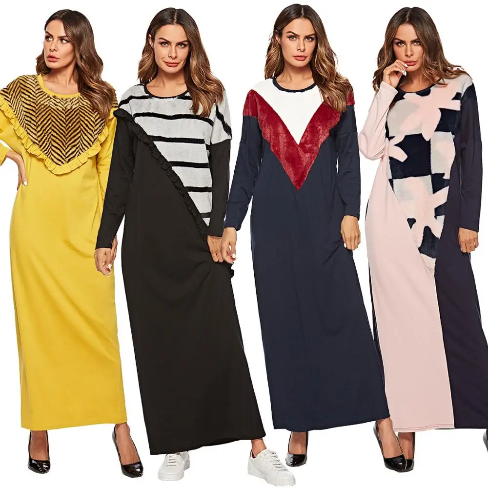 

BNSQ Middle Eastern Abaya Dress Knit Stitching Fake Plush Long Sleeve Maxi Casual Aftan Pakistani Dresses Autumn M-4XL