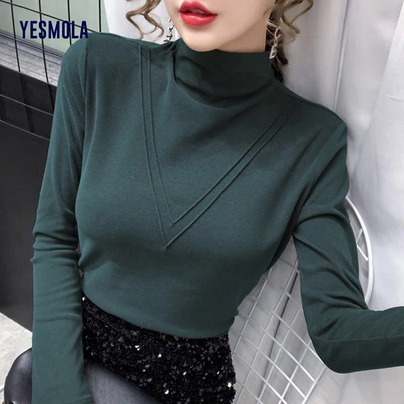 

YESMOLA Elegant Slim Tshirt Women Half High Neck Long Sleeve T-shirt 2021 Autumn Winter Bottomed Solid Simplicity Tee Shirt