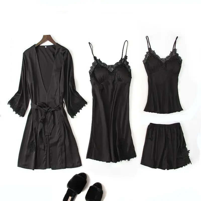 

Lace Silk Satin Nightgown Suits 4PCs Women's Spring Summer Thin Suspender Nightdress V-Neck Sexy Homewear Femme Sun-Top Cool