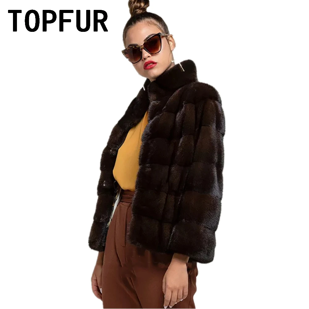 TOPFUR Dark Coffee Winter Women's Coat Plus Size Real Mink Fur Coats Genuine Leather Jackets Short Real Fur Coat Spring