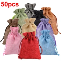 50 pcslot drawstring natural burlap bag jute gift bags multi size jewelry packaging wedding bags with candy bag can custom logo