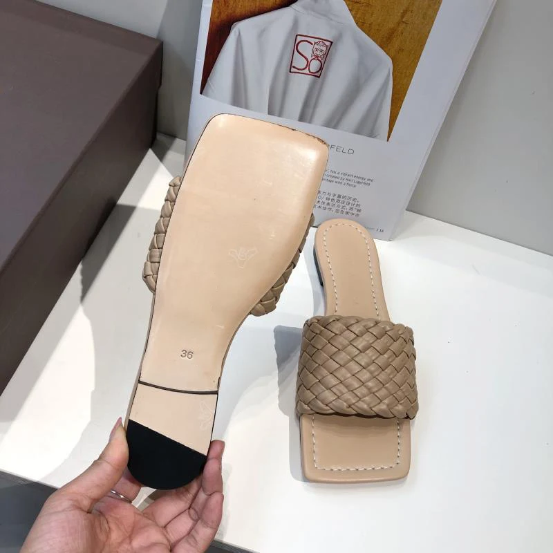 

Leather woven sandals women's 2021 spring and summer new sheepskin luxury sandals flat bottomed square head women's slippers