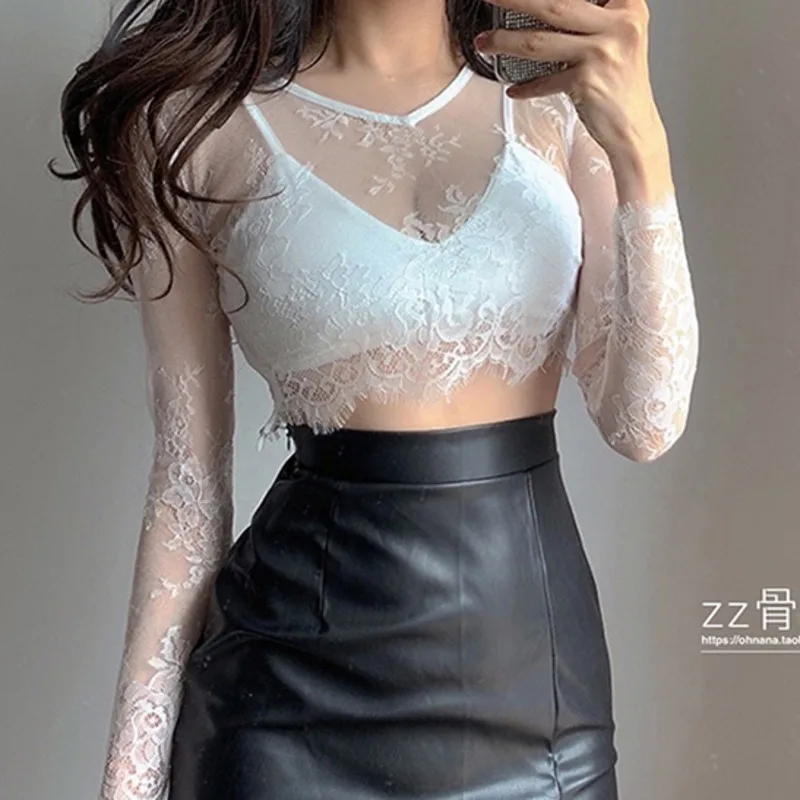 

WOMENGAGA Autumn New V-neck Sexy Lace Transparent Crochet Embroidery Short Shirt Blouse Skinny Slim Women Tops Mesh Korean LBA9