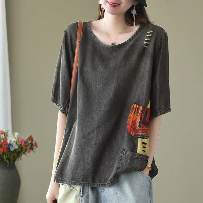 Women T-shirt Summer Loose Casual Denim Tops 2020 New O-Neck Short Sleeve Spliced hole Retro All-match | Женская одежда