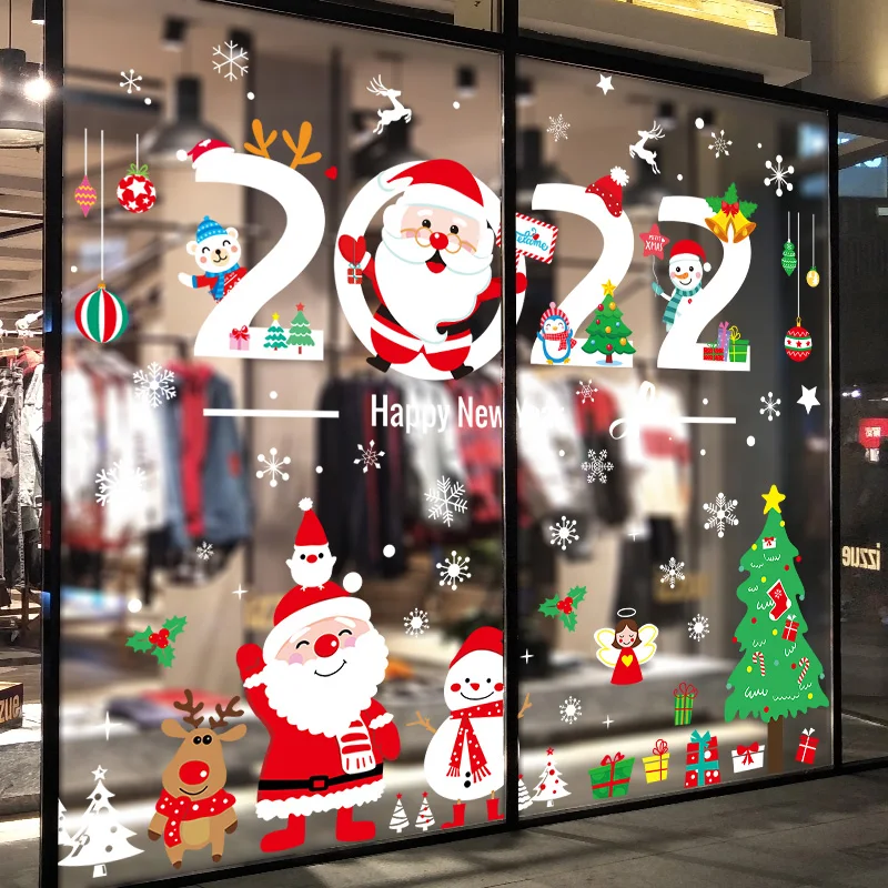 

[shijuekongjian] 2022 Chirstmas Glass Stickers DIY Santa Claus Snowman Trees Wall Decals for Window New Year Home Decoration