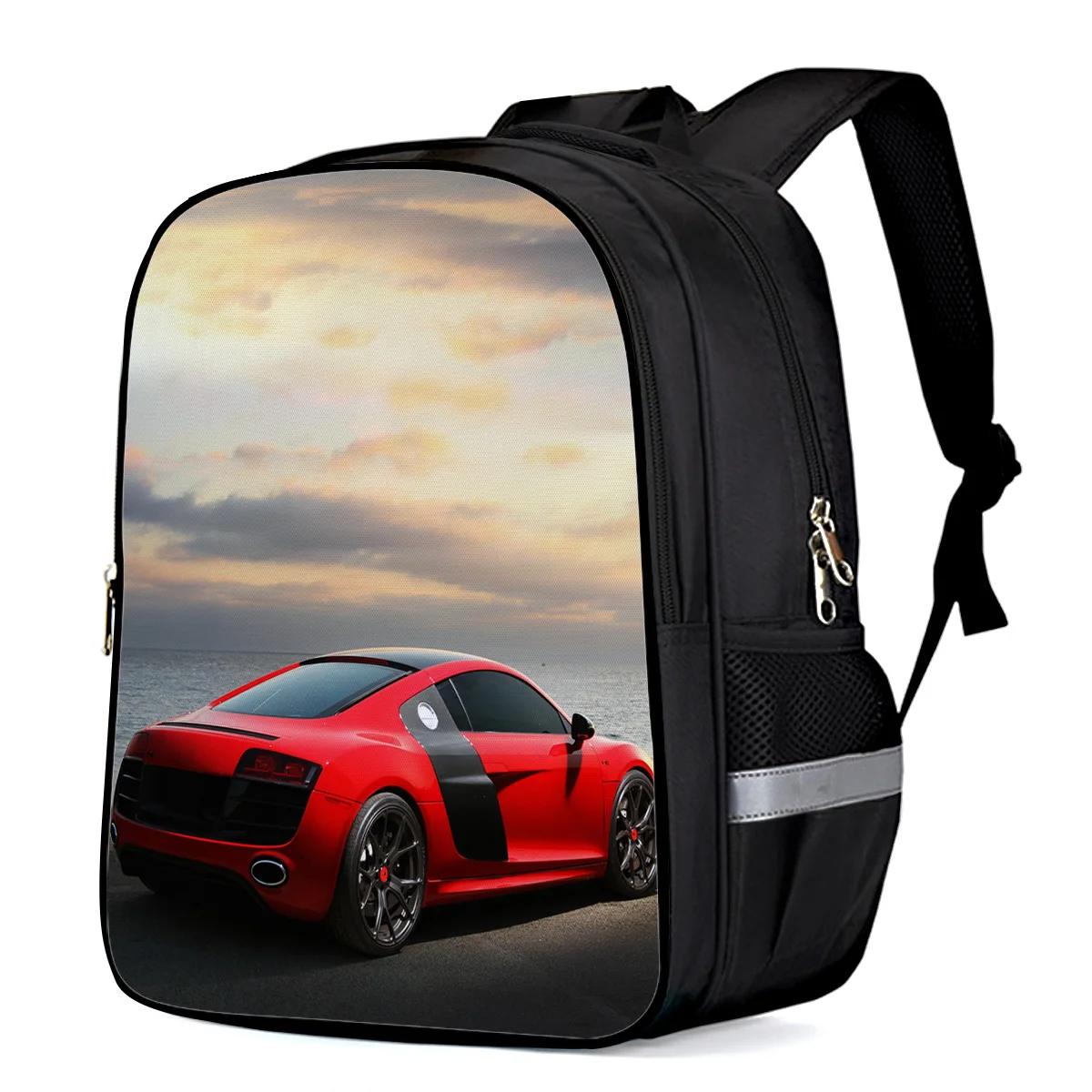 Red Sports Car Sea View Laptop Backpacks School Bag Child Book Bags Bottle Side Pockets Student |
