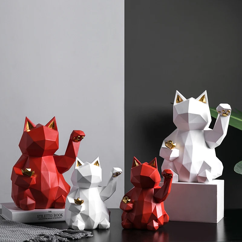 

Resin Statue Creative Lucky Cat Geometric Small Ornaments Living Room Office Desktop Ornaments Home Decoration