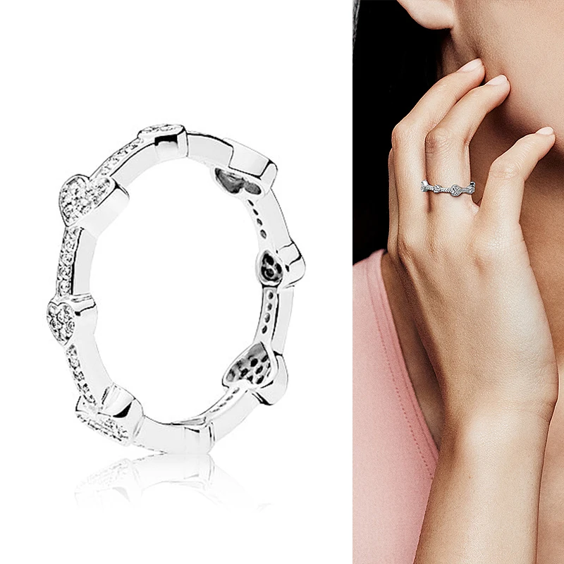

925 Sterling Silver Pan Ring Creative Heart To Heart With Crystal Heart Ring For Women Wedding Party Fashion Jewelry