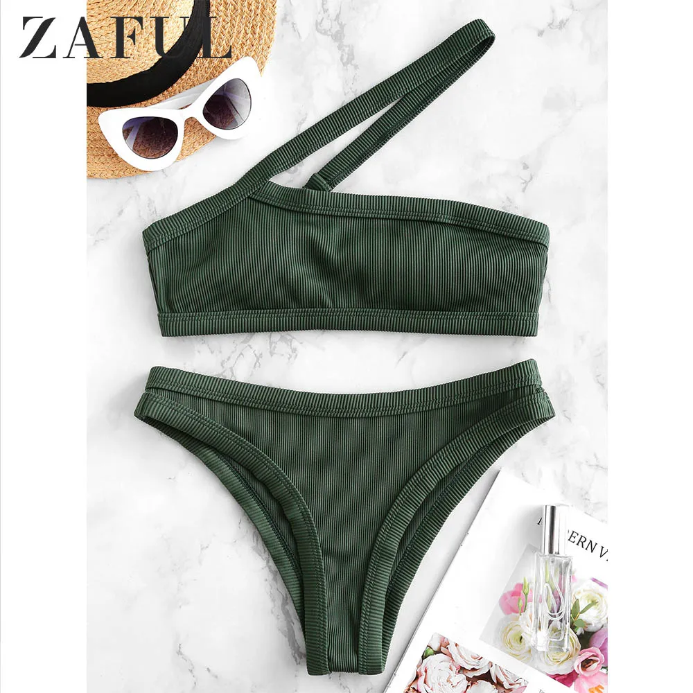 ZAFUL сексуальный на одно плечо текстурированный ребристый бикини купальник